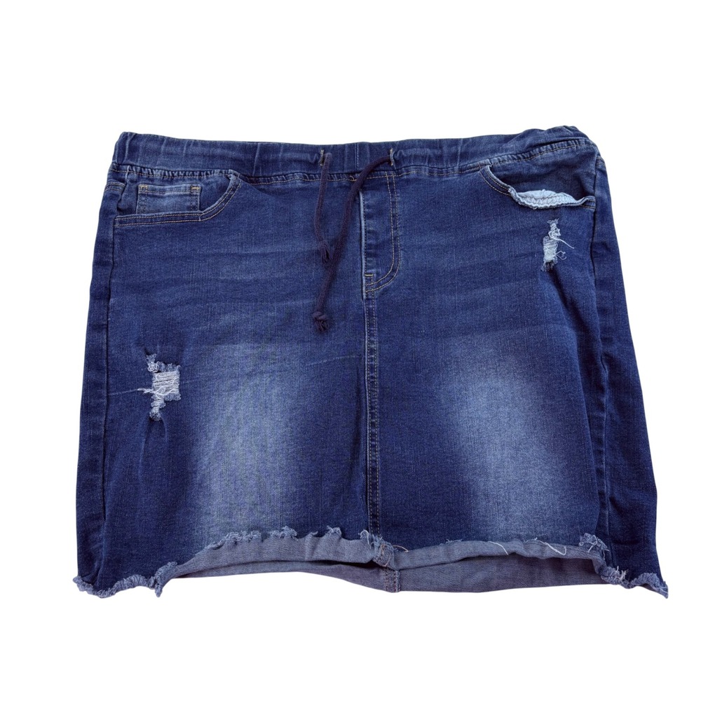 YMI‎ Womens Plus Size Distressed Denim Mini Skirt Dark Wash Elastic Waist 5587